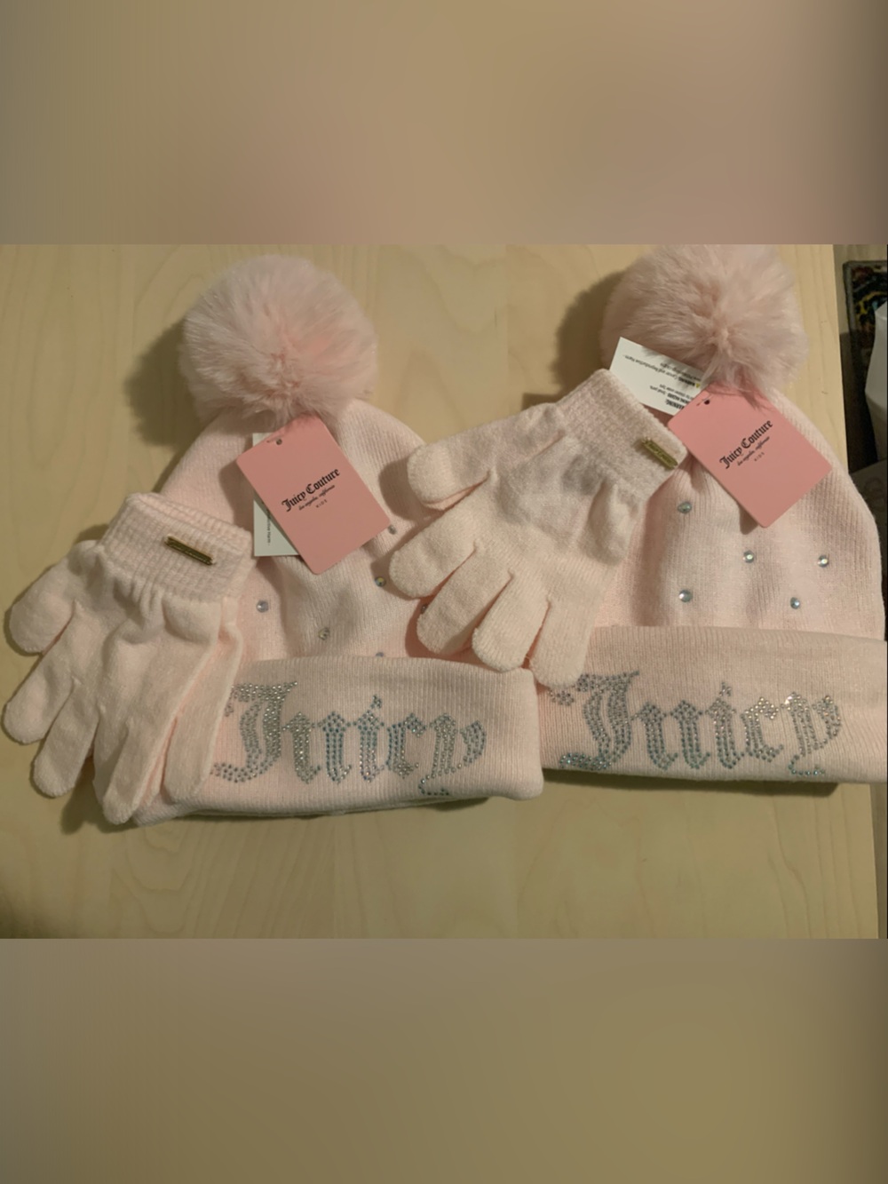 2 Juicy Couture Girls Light Pink Knit Pom-Pom Hat & Glove Set.
